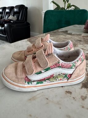 Vans Pink Floral Velcro Kids Sneakers with White Side Stripe